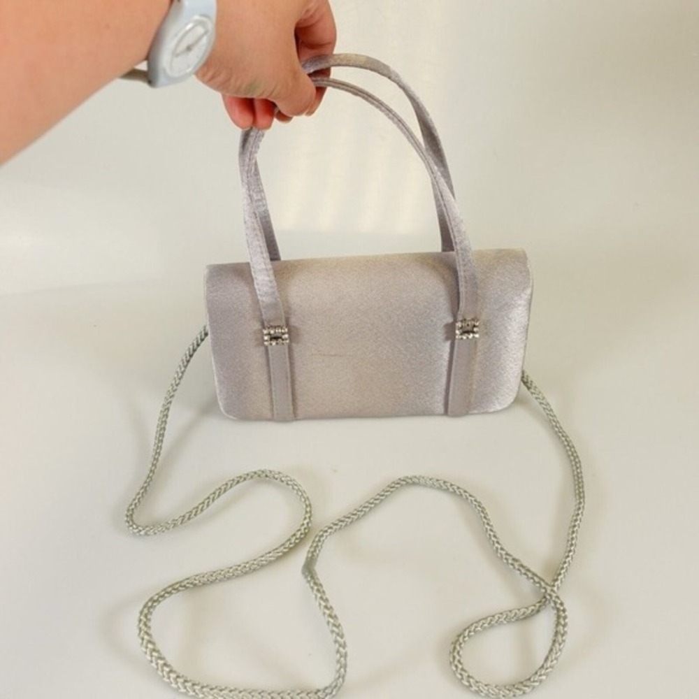 Silver Clutch Purse Jessica Mcclintock Bag Cocktail Crossbody Party Sling Satin
